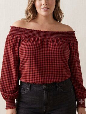 Maurices Red & Black Buffalo Plaid Off-the-Shoulder Blouse Women's XXL Peasant T